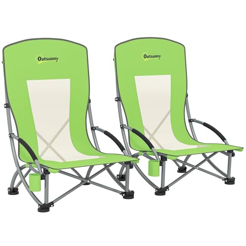 Outsunny 2er Set Faltbarer Strandstuhl Niedriger Campingstuhl mit Netzrücken, Tragetasche und Getränkehalter für Garten Outdoor Picknick Festival Reisen Grün von Outsunny