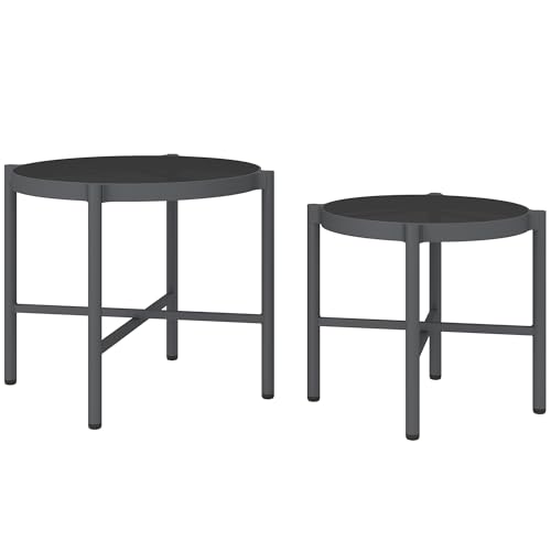 Outsunny 2er-Set Garten-Couchtische Garten-Couchtische mit Tischplatte aus gehärtetem Glas, Aluminiumrahmen für Terrasse, Balkon, Veranda, schwarz von Outsunny