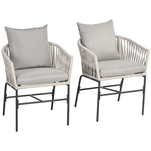 Outsunny 2er-Set Gartenstühle mit Kissen Gartensessel Set im Boho-Stil Gartenstuhl, Gartenmöbel Balkonstuhl Terrassenstuhl, Metallrahmen, 57 x 60 x 71 cm, Beige von Outsunny