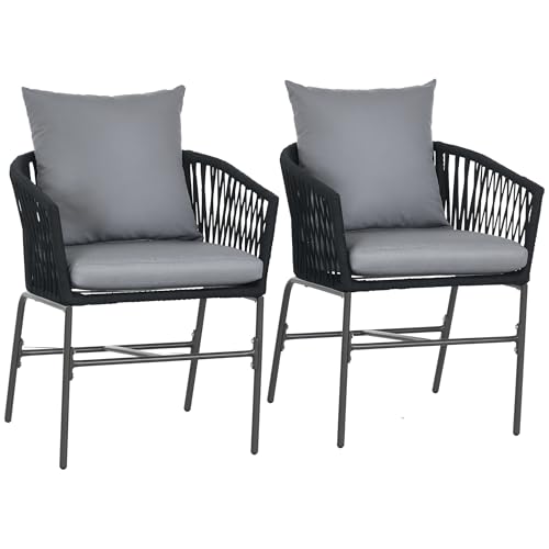 Outsunny 2er-Set Gartenstühle mit Kissen Gartensessel Set im Boho-Stil Gartenstuhl, Gartenmöbel Balkonstuhl Terrassenstuhl, Metallrahmen, 57 x 60 x 71 cm, Schwarz von Outsunny