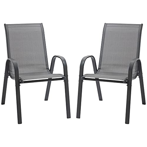 Outsunny 2er Set Gartenstuhl Stapelstuhl mit Armlehne Essstühle Garten Metall Mesh-Gewebe Grau 70 x 54 x 90 cm von Outsunny