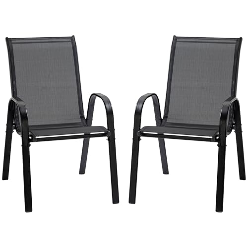 Outsunny 2er Set Gartenstuhl Stapelstuhl mit Armlehne Essstühle Garten Metall Mesh-Gewebe Schwarz 70 x 54 x 90 cm von Outsunny