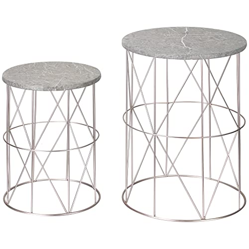 Outsunny 2er-Set Beistelltisch Stapelbar Gartentisch in Marmor Optik Balkontisch aus Metall, runder Kaffeetisch 50kg belastbar, Ø38x52,5 cm Sofatisch für Outdoor Indoor Balkon Rose+Gold+Grau von Outsunny