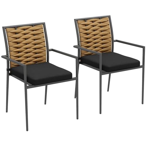 Outsunny 2er-Set Rattan Gartenstuhl Gartensessel Set mit Kissen, Stapelbarer Gartenstuhl, Balkonstuhl für Terrasse, Stahl, 57 x 58 x 87 cm, Braun+Schwarz+Grau von Outsunny