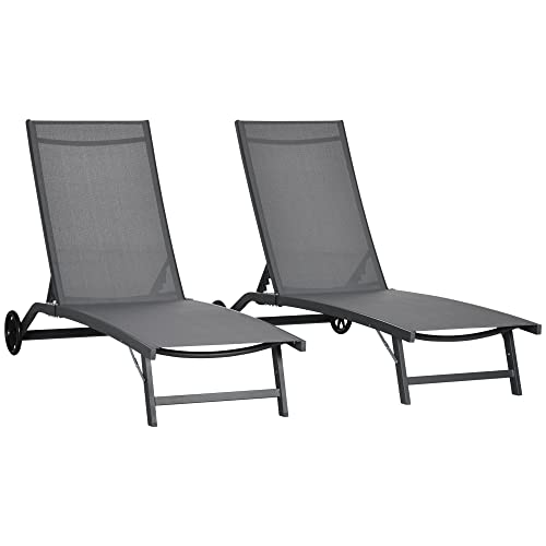 Outsunny 2er-Set Sonnenliegen Liegestuhl Liegestuhl mit Neigung aus Aluminium und Textilene mit Rollen Rückenlehne mehrfach verstellbar max. 150 Kg Belastung Dunkelgrau von Outsunny