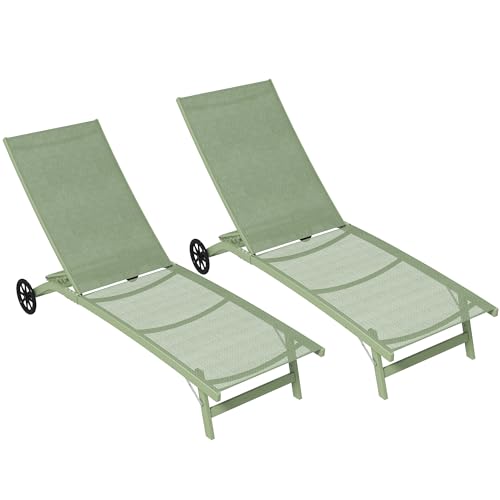 Outsunny 2er-Set Sonnenliegen Liegestuhl Liegestuhl mit Neigung aus Aluminium und Textilene mit Rollen Rückenlehne mehrfach verstellbar max. 150 Kg Belastung dunkelgrün von Outsunny