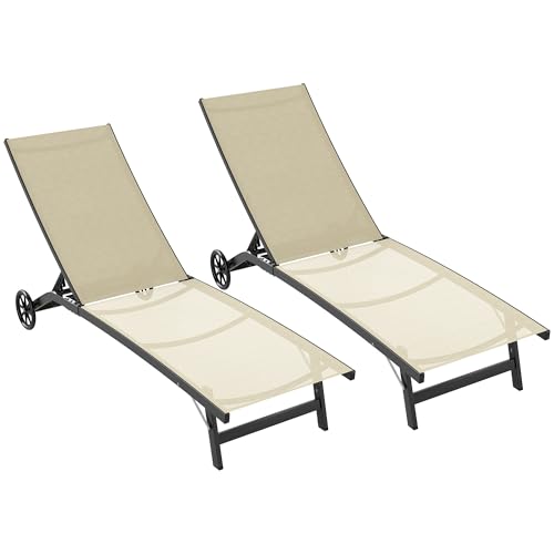 Outsunny 2er-Set Sonnenliegen Liegestuhl Liegestuhl verstellbar aus Aluminium und Textilene mit Rollen Rückenlehne mehrfach verstellbar max. 150 Kg Belastung Khaki von Outsunny
