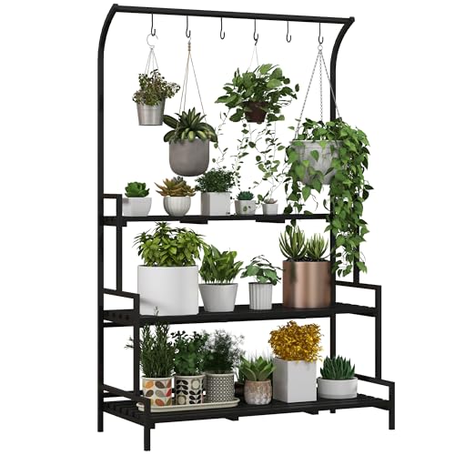 Outsunny 3-Etagen Pflanzenständer, 170 cm hoch Blumenständer mit Haken, Blumenregal für Innen, Pflanzenregal aus Stahl, Blumentreppe Blumentopfständer für Wohnzimmer, Garten Balkon Deko, Schwarz von Outsunny