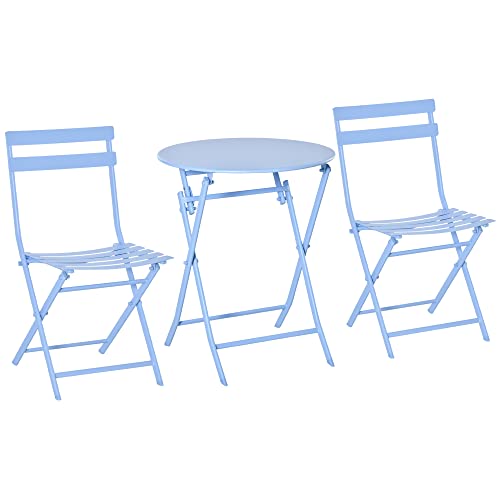 Outsunny 3-TLG. Gartenset Garnitur Balkonmöbel Set Bistrotisch mit 2 Stühlen für Hof Garten klappbar Hellblau von Outsunny