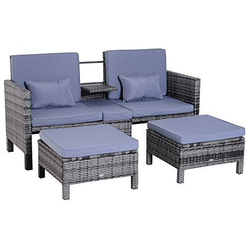 Outsunny 3-TLG. Gartensofa Gartenmöbel Lounge Gartenset Rattenmöbel Sitzgruppe Grau Polyrattan + Metall 2er-Sofa 2 x Hocker Kissen von Outsunny