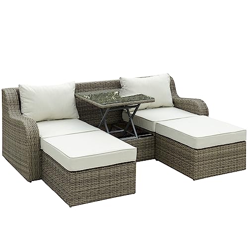 Outsunny 3-TLG. Polyrattan Gartenmöbel Set Gartengarnitur Garten-Set Sitzgruppe Loungeset Loungemöbel mit Beistelltisch Kissen Aluminium Hellgrau+Beige von Outsunny