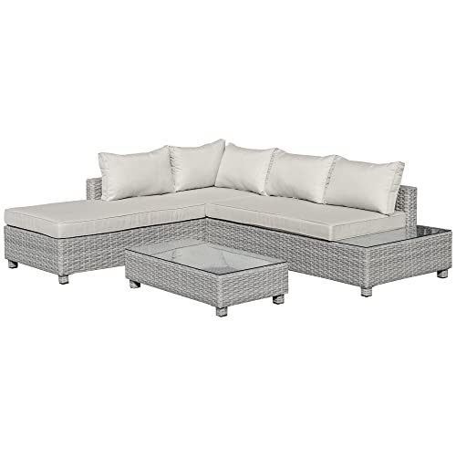 Outsunny 3-TLG. Polyrattan Gartenmöbel Set Gartengarnitur Garten-Set Sitzgruppe Loungeset Loungemöbel mit Beistelltisch Kissen Grau+Beige von Outsunny