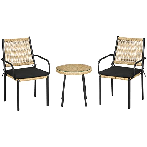 Outsunny 3-TLG. Rattan Gartenmöbel-Set, Balkonmöbel, inkl. Couchtisch und 2 Stühle, Bistro-Set mit Sitzkissen, Sitzgruppe für Terrasse, Balkon, Stahl, Sand von Outsunny