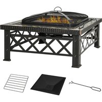 Outsunny 3-in-1 Feuerschale Feuerkorb Feuerstelle mit Funkenschutz Grillrost Eiskübel Garten BBQ Schwarz 76 x 76 x 47 cm von Outsunny