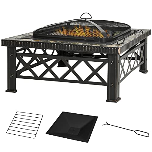 Outsunny 3-in-1 Feuerschale Feuerkorb Feuerstelle mit Funkenschutz Grillrost Eiskübel Garten BBQ Schwarz 76 x 76 x 47 cm von Outsunny