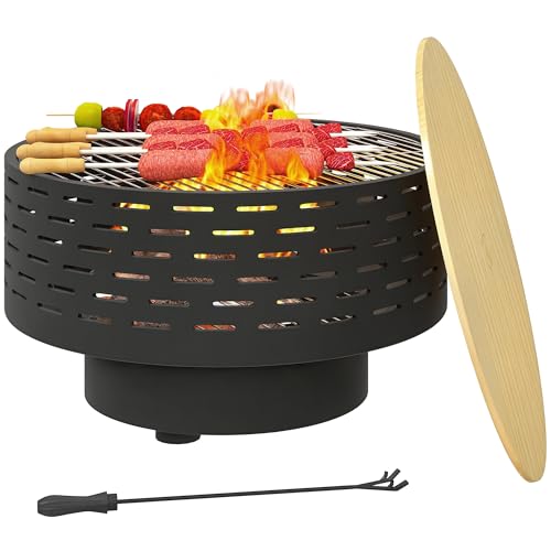 Outsunny 3-in-1 Feuerschale Ø60 x 39cm aus Edelstahl Feuerstelle mit Grillrost Schürhaken Funkenschutz in Holzoptik Feuerschalen Feuerkorb für Garten, Balkon Terrasse, Outdoor BBQ Camping Kohlegrau von Outsunny