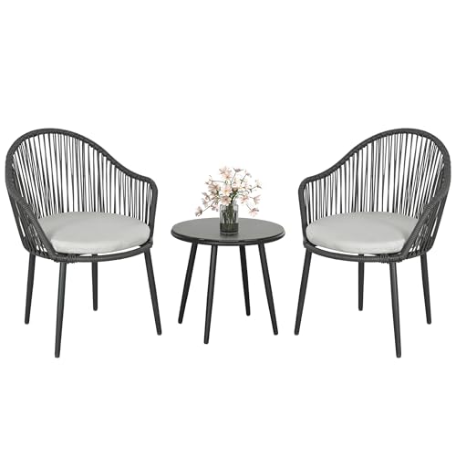 Outsunny 3-teilige Rattan Gartenmöbel-Set Gartengarnitur, Sitzgruppe mit Beistelltisch mit Hartglasplatte, 2 Gartenstühlen, Kissen, für Terrasse, Balkon, Stahl, Dunkelgrau Outsunny 3-teilige Rattan Gartenmöbel-Set Gartengarnitur, Sitzgruppe mit Beistelltisch mit Hartglasplatte, 2 Gartenstühlen, Kissen, für Terrasse, Balkon, Stahl, Dunkelgrau von Outsunny