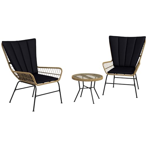 Outsunny 3-teilige Rattan-Sitzgruppe, Beistelltisch mit 2 Stühlen, Gartengarnitur mit Hartglasplatte, Gartenmöbel-Set mit Kissen, für Terrasse, Balkon, Natur+Schwarz Outsunny 3-teilige Rattan-Sitzgruppe, Beistelltisch mit 2 Stühlen, Gartengarnitur mit Hartglasplatte, Gartenmöbel-Set mit Kissen, für Terrasse, Balkon, Natur+Schwarz von Outsunny