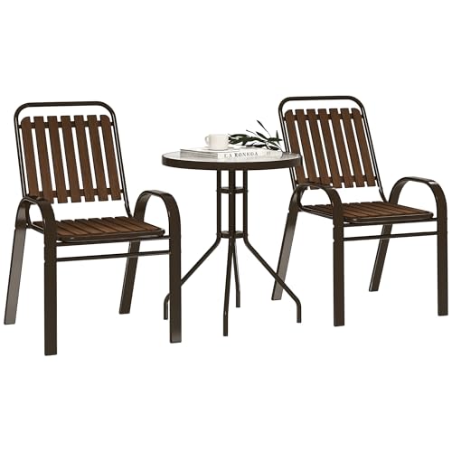 Outsunny 3-teiliges Gartenmöbel-Set für den Außenbereich, mit 2 stapelbaren Stühlen, Tisch mit Tischplatte aus gehärtetem Glas und Stahlgestell für Terrasse, Hof, Balkon, dunkelbraun von Outsunny