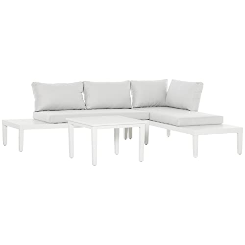 Outsunny 3-teiliges Gartenmöbel-Set mit Beistelltisch Balkonmöbel Set Sofa mit Kissen L-Form Outdoor Aluminium Cremeweiß von Outsunny