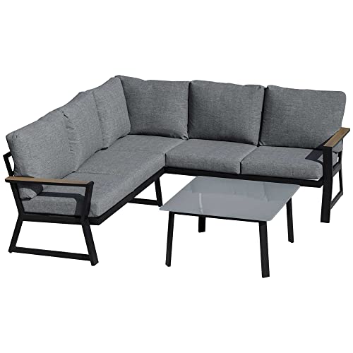 Outsunny 3-teiliges Gartenmöbel-Set mit Beistelltisch Balkonmöbel Set Sofa mit Kissen L-Form Outdoor Aluminium Grau von Outsunny