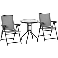 Outsunny 3-teiliges Gartenmöbelset, 2 klappbare Mehrpositions-Stühle + runder Tisch Gehärtetes Glas Stahl Textilene Grau   Aosom von Outsunny