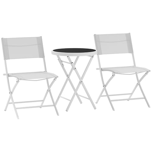 Outsunny 3-teiliges Outdoor-Bistro-Set, Glasplatte Outdoor-Tisch und 2 Klappstühle, Gartenmöbel-Set mit schützenden Füßen, Stahlgestell, leicht zu reinigen, Weiß von Outsunny