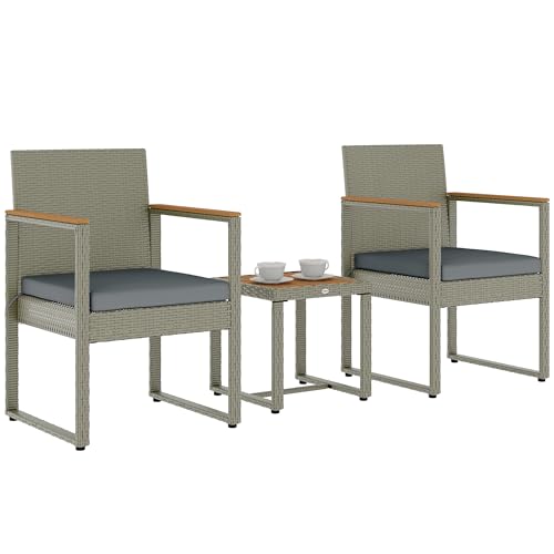 Outsunny 3-teiliges Rattan-Bistro-Set, Terrassentisch und Stühle Set mit abnehmbaren Kissen, Rattan-Gesprächsset mit Akazienholztisch & verstellbaren Fußpolstern für Garten Balkon, Grau von Outsunny