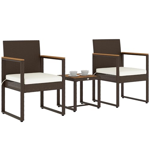 Outsunny 3-teiliges Rattan-Bistro-Set, Terrassentisch und Stühle Set mit abnehmbaren Kissen, Rattan-Gesprächsset mit Akazienholztisch & verstellbaren Fußpolstern für Garten Balkon, Weiß Outsunny 3-teiliges Rattan-Bistro-Set, Terrassentisch und Stühle Set mit abnehmbaren Kissen, Rattan-Gesprächsset mit Akazienholztisch & verstellbaren Fußpolstern für Garten Balkon, Weiß von Outsunny