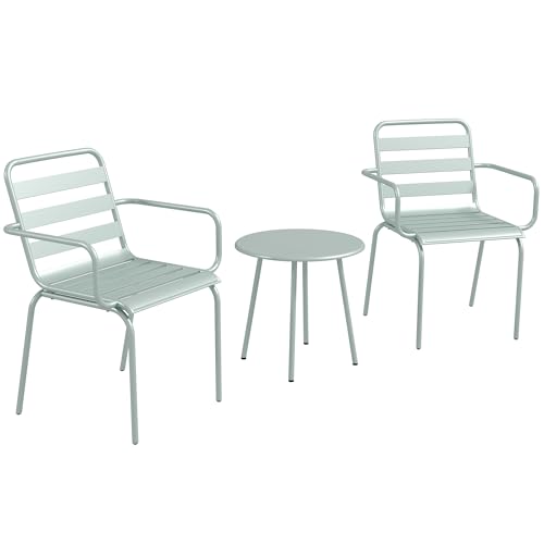 Outsunny 3tlg. Bistroset Gartenmöbel Set mit 1 Couchtisch, 2 Stapelbaren Stühlen, Balkon-Set, Sitzgruppe für Balkon, Terrasse, Stahl, Grün von Outsunny