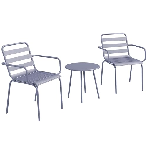 Outsunny 3tlg. Bistroset Gartenmöbel Set mit 1 Couchtisch, 2 Stapelbaren Stühlen, Balkon-Set, Sitzgruppe für Balkon, Terrasse, Stahl, Hellgrau von Outsunny