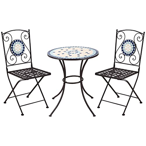 Outsunny 3tlg. Garten-Bistroset, Gartenmöbel Set, inkl. 1 Tisch, 2 klappbaren Stühlen mit Mosaiksteinen, Balkon-Set für Terrasse, Metall, Blau+Grün+Gelb von Outsunny