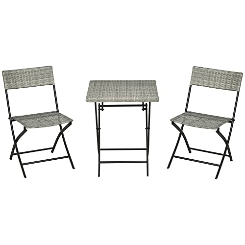 Outsunny 3tlg. Ratten Balkonmöbel-Set, Bistro-Set mit 2 Klappstühlen, Klapptisch, Gartenmöbel-Set, Sitzgruppe, Gartenmöbel, Sitzgarnitur, Metall, Hellgrau von Outsunny