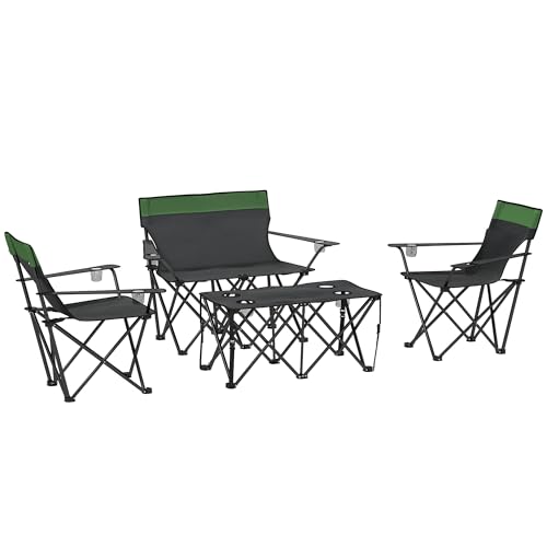 Outsunny 4 Stück Faltbarer Campingtisch und Stühle Set, Tragbarer Picknicktisch mit 3 Stühlen, Getränkehaltern und Tragetasche, Outdoor Leichtes Tischset für BBQ, Picknick, Partys, Olivgrün von Outsunny
