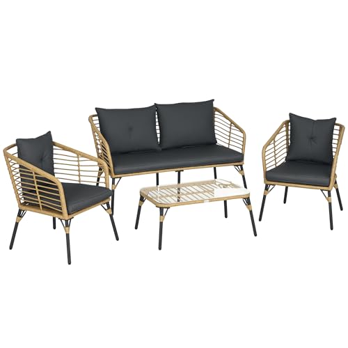 Outsunny 4 TLG. Gartenmöbel-Set, Rattan Sitzgarnitur mit Kissen, Sitzgruppe mit 3 Sesseln, 1 Couchtisch, Balkonmöbel im Boho-Stil für 4 Personen, Sand+Dunkelgrau von Outsunny