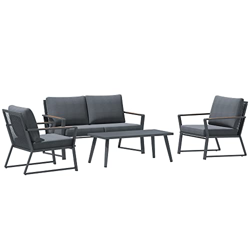 Outsunny 4-TLG. Gartenmöbel-Set Polyrattan Gartengarnitur Gartenset Sitzgruppe Doppelsofa 2 Einzelsofas mit Couchtisch Sofa mit Sitzkissen Outdoor Aluminium Dunkelgrau von Outsunny