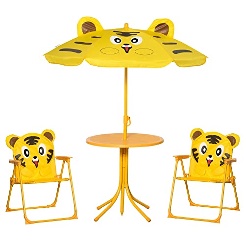 Outsunny 4-TLG. Gartenmöbelset für Kinder im Tiger-Design - Runder Tisch + 2 Klappstühle + Sonnenschirm - Metall-Epoxy Oxford Gelb Outsunny 4-TLG. Gartenmöbelset für Kinder im Tiger-Design - Runder Tisch + 2 Klappstühle + Sonnenschirm - Metall-Epoxy Oxford Gelb von Outsunny