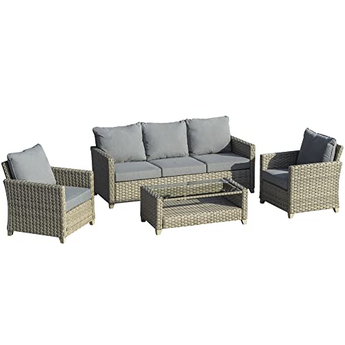 Outsunny 4-TLG. Polyrattan Gartenmöbel Set Gartengarnitur Garten-Set Sitzgruppe Loungeset Loungemöbel mit Couchtisch Sitzkissen Aluminium Braun+Grau von Outsunny