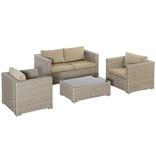 Outsunny 4-TLG. Polyrattan Gartenmöbel Set Gartengarnitur Garten-Set Sitzgruppe Loungeset Loungemöbel mit Couchtisch Sitzkissen Khaki+Beige von Outsunny