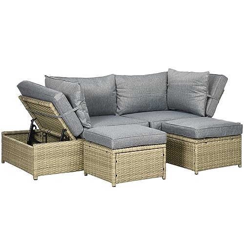 Outsunny 4 TLG. Rattan Gartengarnitur, Gartenmöbel-Set mit 2X Fußhocker, 2X Sofa, Sitzgarnitur mit Kissen, Verstellbare Sitzgruppe für Terrasse, Garten, Alu, Grau von Outsunny