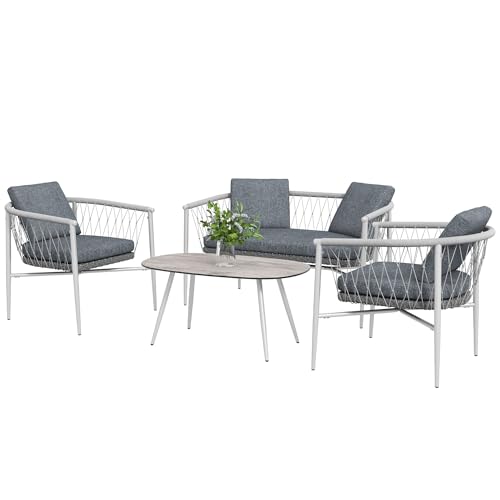 Outsunny 4 TLG. Rattan Gartenmöbel-Set, Gartengarnitur mit Schaukelfunktion, Sitzgarnitur mit 1 Doppelsofa 2 Sesseln 1 Couchtisch, Kissen, Stahl Sitzgruppe für Terrasse, Garten, Grau Outsunny 4 TLG. Rattan Gartenmöbel-Set, Gartengarnitur mit Schaukelfunktion, Sitzgarnitur mit 1 Doppelsofa 2 Sesseln 1 Couchtisch, Kissen, Stahl Sitzgruppe für Terrasse, Garten, Grau von Outsunny