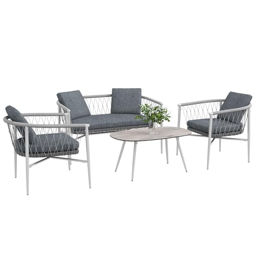 Outsunny 4 TLG. Rattan Gartenmöbel-Set, Sitzgruppe mit Schaukelfunktion, Gartengarnitur mit 1 Couchtisch, 2 Sesseln, 1 Doppelsofa, Kissen, Sitzgarnitur für Garten, Terrasse, Stahl, Grau von Outsunny