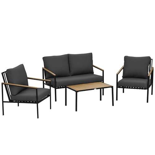 Outsunny 4-teilige Gartenmöbelgarnitur 4 Personen mit 2-Sitzer-Sofa, Sessel und Couchtisch 8 Kissen - Stahl schwarz Polyester dunkelgrau von Outsunny