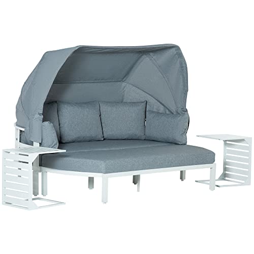 Outsunny 4-teiliges Gartenmöbel-Set mit Beistelltisch Dach Bank Balkonmöbel Set Sofa mit Kissen Outdoor Aluminium Weiß+Grau von Outsunny