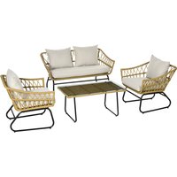 Outsunny 4 tlg. Gartenmöbel-Set, Rattan Sitzgarnitur mit 2 Sesseln, 1 Couchtisch, 1 Zweisitzer, Sitzgruppe mit Creme Kissen, Balkonmöbel-Set, Stahl+Polyester, Sand von Outsunny