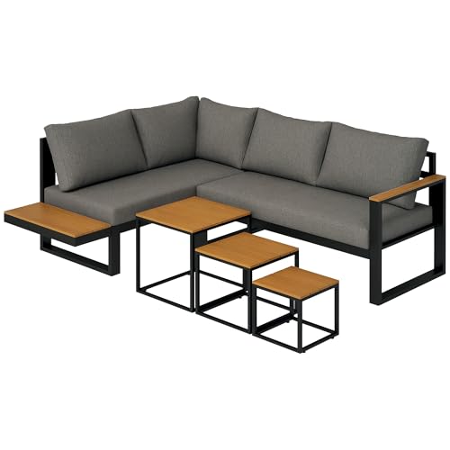 Outsunny 5-TLG. Gartenmöbel-Set, Gartengarnitur mit Ecksofa, Doppelsofa, Couchtisch, Balkonmöbel-Set mit Sitzkissen, Gartenlounge-Set für Terrasse, Balkon, Grau von Outsunny