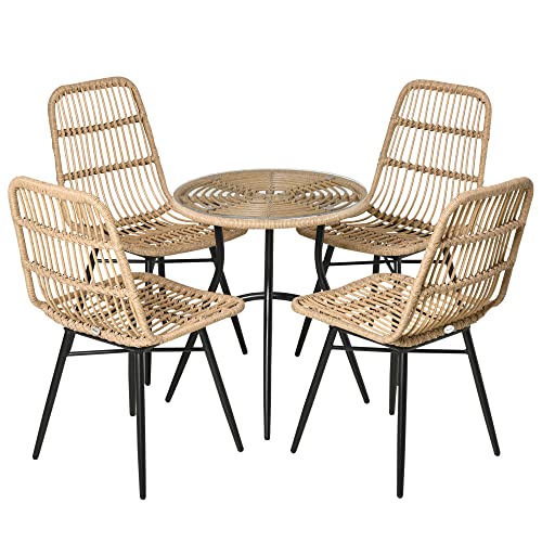 Outsunny 5-TLG. Polyrattan Gartenmöbel Set Essgruppe Esstisch mit 4 Stühlen Gartensitzgruppe mit Beistelltisch Gartenset Outdoor Metall Natur von Outsunny