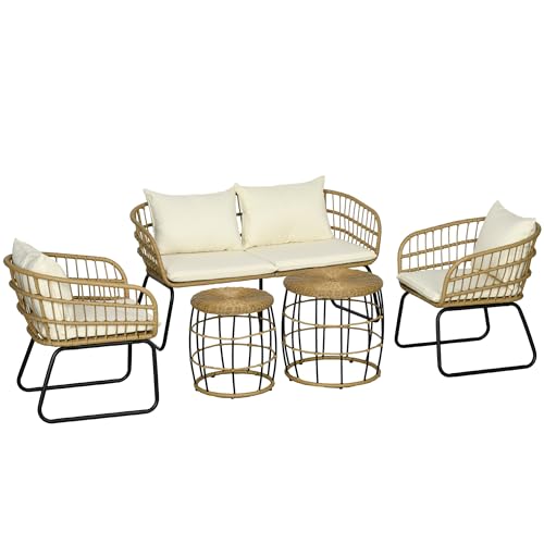 Outsunny 5 TLG. Rattan Gartenmöbel-Set, Sitzgruppe mit Kissen, Gartengarnitur mit 2 Couchtischen, 2 Sesseln, 1 Doppelsofa, Sitzgarnitur für Garten, Terrasse, Stahl, Beige von Outsunny