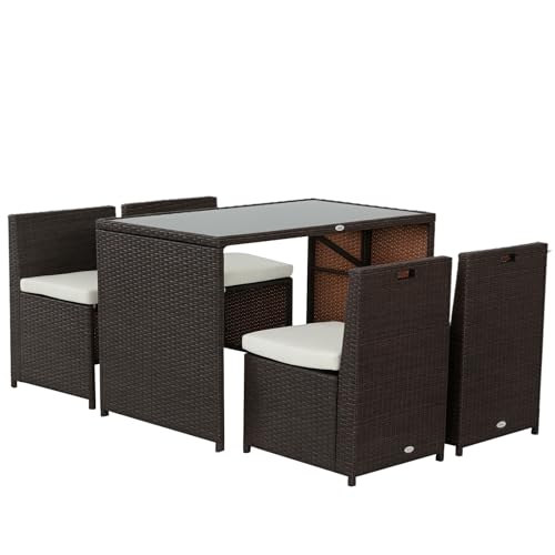 Outsunny 5-teiliges Polyrattan Gartenmöbel-Set, wetterfest Balkonmöbel für 4 Personen Terrassenmöbel mit Tisch 4 Stühle Kissen, Lounge-Set Essgruppe Sitzgruppe für Balkon, Garten, Braun+Khaki von Outsunny
