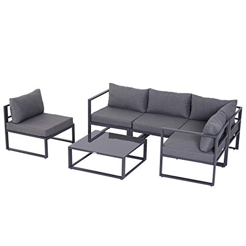 Outsunny 6-TLG. Gartengarnitur Gartenset Gartensofaset Sitzgruppe Gartenmöbel Alu+ Polyester + Hartglas Grau 4 x Sessel 1 x Ecksofa 1 x Beistelltisch Kissen für 4–5 Personen von Outsunny